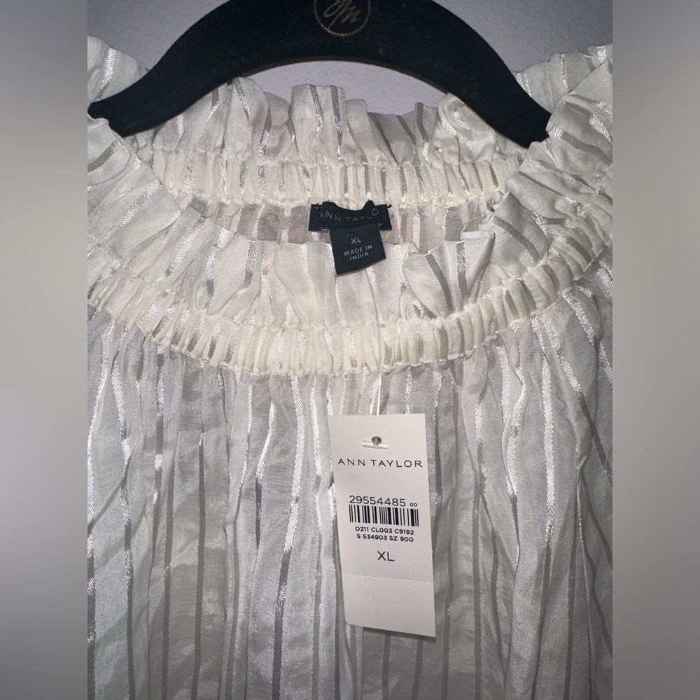 Ann Taylor Ruffle Neck Balloon Sleeve Stripe Blouse NWT - Picture 7 of 9
